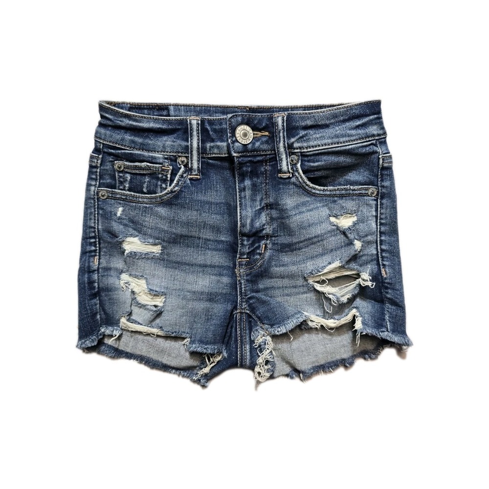 American Eagle Women's Denim Shorts Hirise Shortie  00 Blue  Distressed